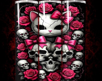 20oz Straight Skinny Tumbler Wrap PNG, Kitty Skull Gothic Pink Bows Sublimation Design
