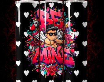 20oz Tumbler Wrap PNG, Be Mine Valentine Sublimation Design, Graffiti Cupid Hearts Digital Download