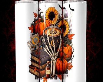 Skeleton Coffee 20oz Tumbler Wrap PNG Sublimation Design, Cozy Fall Digital Download