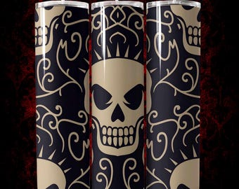 20oz Straight Skinny Tumbler Wrap PNG, Seamless Day Of The Dead Skull Sublimation Design