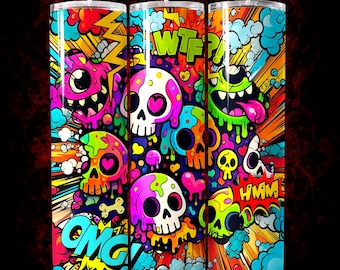 20oz Tumbler Wrap PNG, Doodle Skull Sublimation Design, Graffiti Digital Download