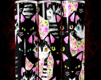 20oz Tumbler Wrap PNG, Black White Cats Sublimation Design, Seamless Cat Lover Digital Download