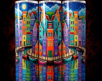 20oz Straight Skinny Tumbler Wrap PNG, Wonky Amsterdam Houses, Seamless Sublimation Design