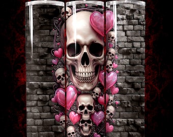 20oz Straight Skinny Tumbler Wrap PNG, Heart Skulls Sublimation Design, Gothic Valentine for Crafters
