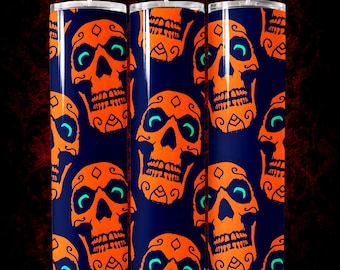 Orange Skulls Sublimation PNG, Spooky Halloween 20oz Skinny Tumbler Wrap Design