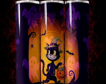 20oz Tumbler Wrap PNG, Retro Halloween Cat Sublimation Design, Digital Download