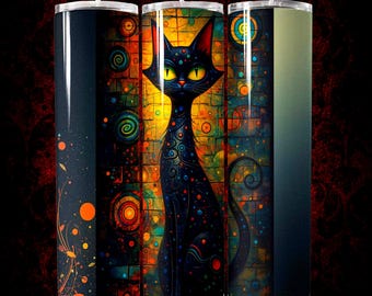 Black Cat PNG 20oz Skinny Tumbler Wrap Sublimation Design