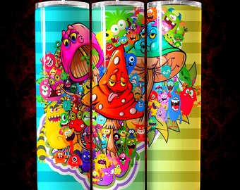 20oz Straight Skinny Tumbler Wrap PNG, Trippy Psychedelic Mushrooms Sublimation Design
