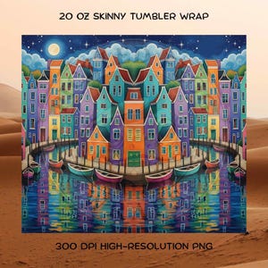20 Oz Skinny Tumbler Wrap PNG, Wonky Amsterdam Houses Sublimation Design, Seamless Digital Download