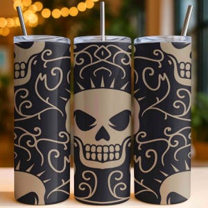 20oz Skinny Tumbler Wrap: Gothic Skull Tattoo Damask Seamless PNG