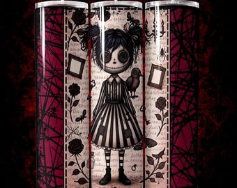 20oz Straight Skinny Tumbler Wrap PNG, Gothic Doll Creepy Halloween Sublimation Design