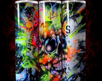20oz Straight Skinny Tumbler Wrap PNG, Neon Graffiti Urban Skull Sublimation Design