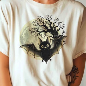 Halloweenvleermuis met griezelige boom en maan PNG, schattig griezelig sublimatieontwerp voor T-shirts, bekers en ambachten, digitale download