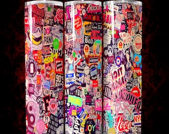 90s Retro Sticker Bomb 20oz Skinny Tumbler Wrap, Pop Art Pattern PNG Digital Download