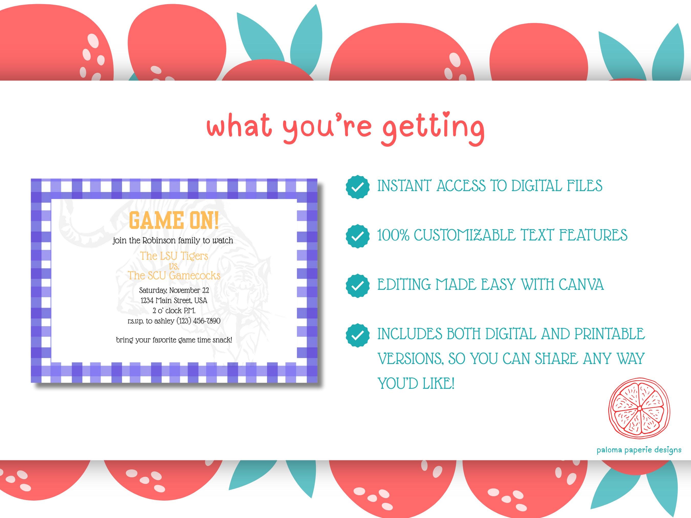 LSU Tigers Party Invitation: Printable Football Tailgate Invite (canva ...