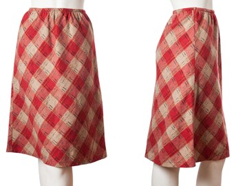 Vintage 60s plaid A-line wool skirt -- vintage red and taupe midi skirt -- vintage warm wool skirt -- size small / medium