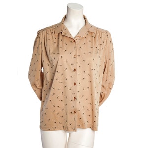 Tan vintage blouse with feather print 80s vintage long sleeved blouse size medium / large/ xl image 1