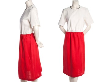 Vintage colorblock day dress -- red and white short sleeve dress -- vintage midi dress -- size large / xl