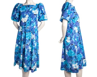 Vintage floral blue dress -- vibrant 1980s day dress -- princess sleeves -- size small / medium