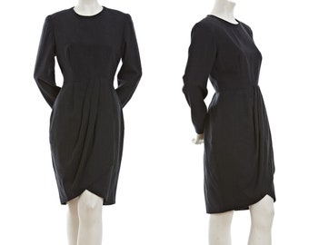 Vintage pleated wool long sleeve dress -- 80s dark grey dress with front pleats -- retro wool winter dress -- size medium