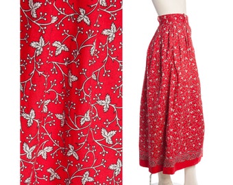 Boho 70s red maxi skirt -- vintage leaf print skirt -- red and white maxi -- size small / medium