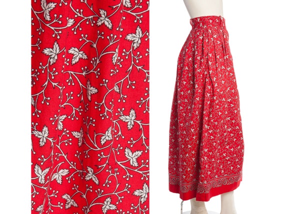 Boho 70s red maxi skirt -- vintage leaf print ski… - image 1