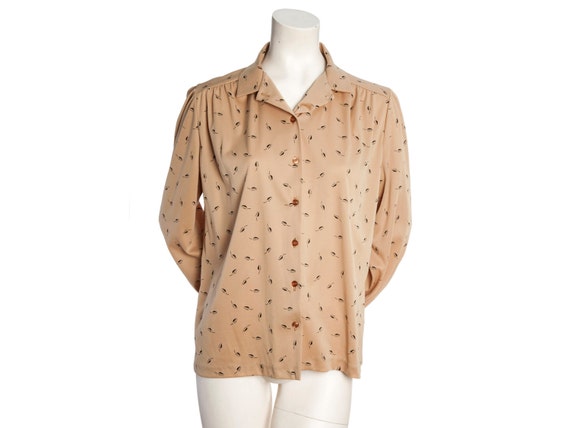 Tan vintage blouse with feather print -- 80s vint… - image 1