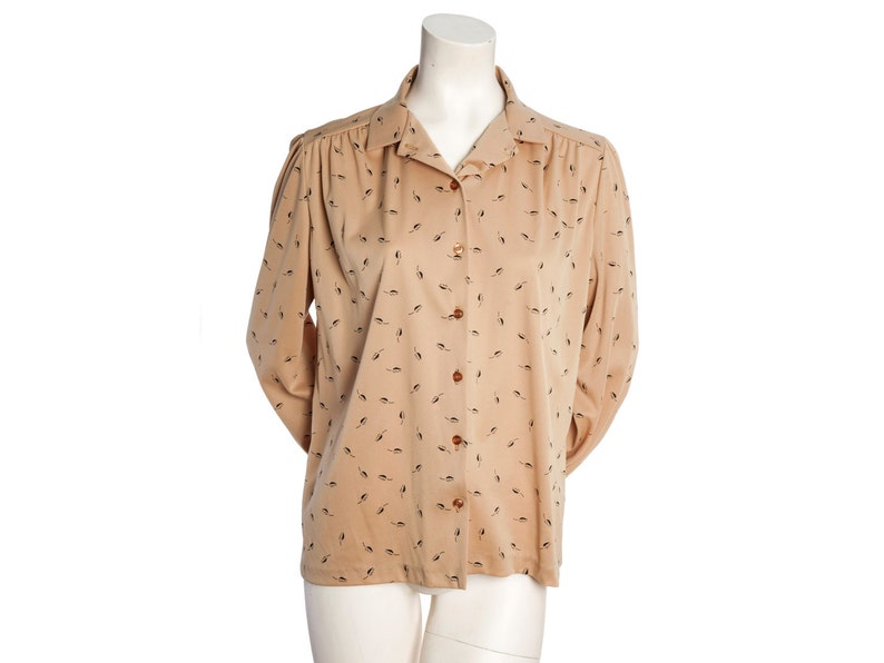 Tan vintage blouse with feather print 80s vintage long sleeved blouse size medium / large/ xl image 1