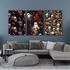 PACK OF 3 Halloween 3D Wall Art | Gothic Skull, Ghost & Pumpkin Canvas Prints | Spooky Decor