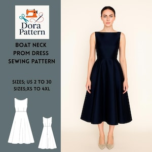 Op de afbeelding: Een marineblauwe prom dress met boothals. De jurk heeft een getailleerd lijfje en een uitlopende rok. De afbeelding bevat ook een naaipatroon met de tekst "Dora Pattern" en "Boat Neck Prom Dress Sewing Pattern". Maten US 2 tot 30, XS tot 4XL.