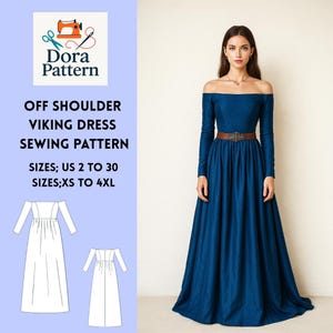 Puede incluir: Una mujer con un vestido largo azul oscuro, con hombros descubiertos, mangas largas y un cinturón marrón. El vestido tiene una falda amplia. La imagen también muestra un patrón de costura con el texto "OFF SHOULDER VIKING DRESS SEWING PATTERN".