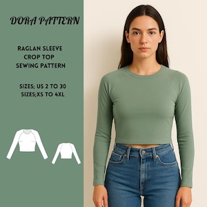 Raglan Sleeve Crop Top Sewing Pattern,Long Sleeve, XS-4XL (PDF Download)