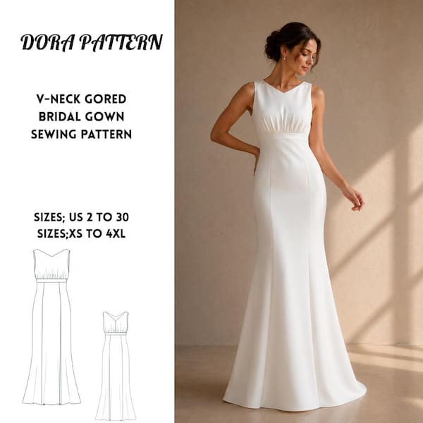 V-Neck Gored Bridal Gown Sewing Pattern XS-4XL (Download-PDF Pattern)