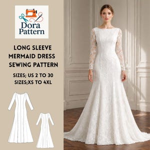Op de afbeelding: Een witte zeemeerminnenjurk met lange kanten mouwen. De jurk heeft een boothals en een uitlopende rok. De afbeelding bevat een naaipatroon met de tekst "LONG SLEEVE MERMAID DRESS SEWING PATTERN" en maat informatie.