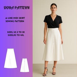 Patrón de falda midi de corte A, estilo cottagecore, tallas XS-4XL (descarga en PDF)