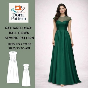 May include: A green gathered maxi ball gown. The dress has a fitted bodice with a sheer neckline and cap sleeves. The skirt flows to the floor. The image also includes a sewing pattern with the text "Dora Pattern" and size information.