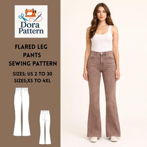 Flared Leg Pants Sewing Pattern,Denim Style  XS-4XL (PDF Download)