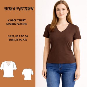 Puede incluir: Una mujer con una camiseta marrón con cuello en V y vaqueros azules. La imagen incluye el texto "DORA PATTERN", "V NECK TSHIRT SEWING PATTERN" e información de tallas: tallas US 2 a 30 y XS a 4XL. También se muestran dos dibujos lineales blancos de la camiseta.