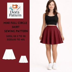 Könnte beinhalten: Eine Frau trägt ein schwarzes Crop-Top und einen weinroten Minirock. Das Bild enthält eine Werbung für ein Schnittmuster mit dem Text "MINI FULL CIRCLE SKIRT SEWING PATTERN" und Größenangaben.