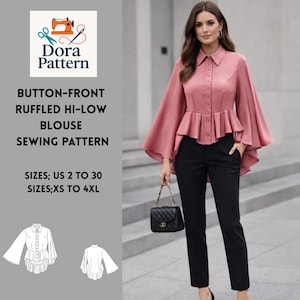 Hi-low blouse met ruches aan de voorkant, cottagecore-stijl XS-4XL (pdf-download)