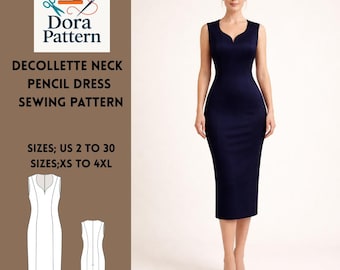 Decollette Neck Pencil Midi Dress Sewing Pattern,Classic Sleeveless Design XS-4XL (PDF Download)