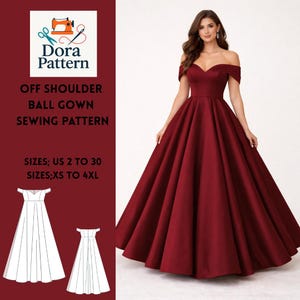 Könnte beinhalten: Ein burgunderfarbenes Off-Shoulder-Ballkleid-Schnittmuster von Dora Pattern. Das Bild zeigt eine Frau, die das fertige Kleid trägt, mit einem eng anliegenden Oberteil und einem weiten Rock. Das Muster umfasst die Größen US 2 bis 30 und XS bis 4XL.