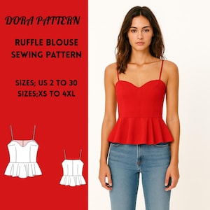 Ruffle Blouse Sewing Pattern, Sleeveless, Women's Top (XS-4XL) (PDF Pattern)