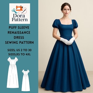 Puede incluir: Un patrón de costura de vestido renacentista con mangas abullonadas en azul marino de Dora Pattern. El vestido tiene un escote cuadrado y una falda amplia. Tallas disponibles: US 2 a 30, XS a 4XL. La imagen también muestra a una mujer con el vestido y dos ilustraciones.