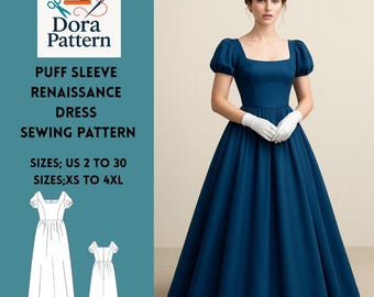 May include: A navy blue puff sleeve Renaissance dress sewing pattern by Dora Pattern. The dress features a square neckline and a full skirt. Sizes available: US 2 to 30, XS to 4XL. The image also shows a woman wearing the dress and two dress illustrations.