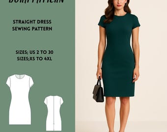 Patrón de vestido recto por encima de la rodilla, minimalista, tallas XS-4XL (patrón PDF)