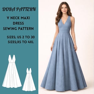 Puede incluir: Un vestido largo azul claro con cuello en V. La imagen incluye un patrón de costura con el texto "DORA PATTERN", "V NECK MAXI DRESS SEWING PATTERN", y tallas US 2 a 30 y XS a 4XL. El vestido tiene una falda amplia.