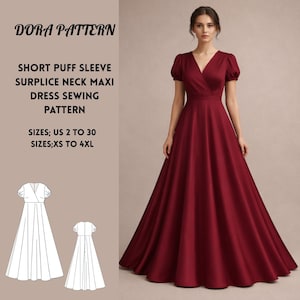 Puede incluir: Un vestido maxi burdeos con mangas cortas abullonadas y escote cruzado. El vestido se muestra en una modelo y está disponible en tallas US 2 a 30 y XS a 4XL. El texto "DORA PATTERN" y "DRESS SEWING PATTERN" son visibles.