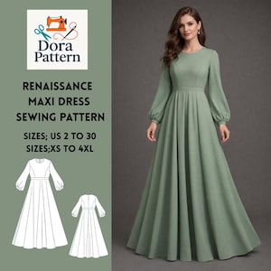 Pode incluir: Um vestido maxi verde sálvia com mangas compridas e cintura ajustada. O vestido é usado por uma mulher. A imagem também inclui um padrão de costura com o texto "Renaissance Maxi Dress Sewing Pattern" e informações de tamanho.