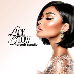 May include: Digital illustration of a woman with short black hair, wearing green earrings and a gold-colored dress. The image features the text "Lace Glow Portrait Bundle" in a stylish font, set against a soft, light background. The woman's face is turned to the side.